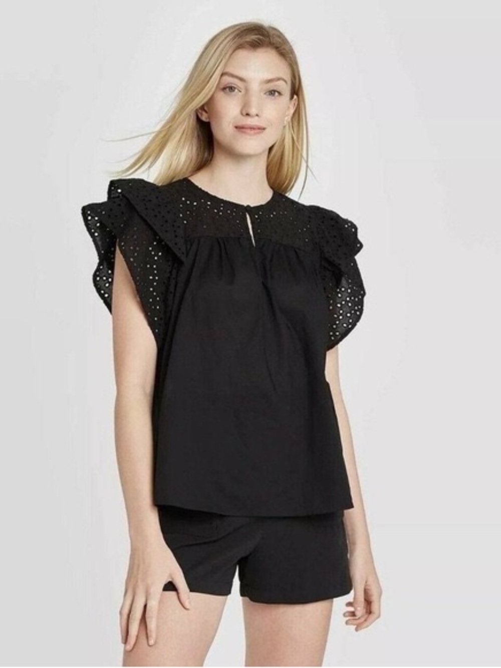 a new day Eyelet 100% Cotton V‑Neck Short Sleeve Blouse